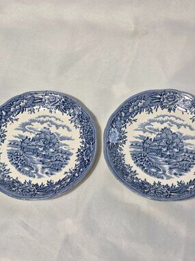 TWO Salem English Village Saucers Village Scene Blue & White Transferware